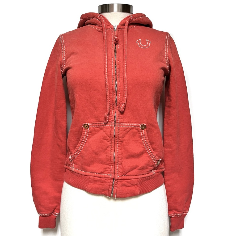 True Religion VTG Hoodie Womens Medium Y2K Red Full Zip Fleece Deep Stitch 90s - Picture 4 of 16